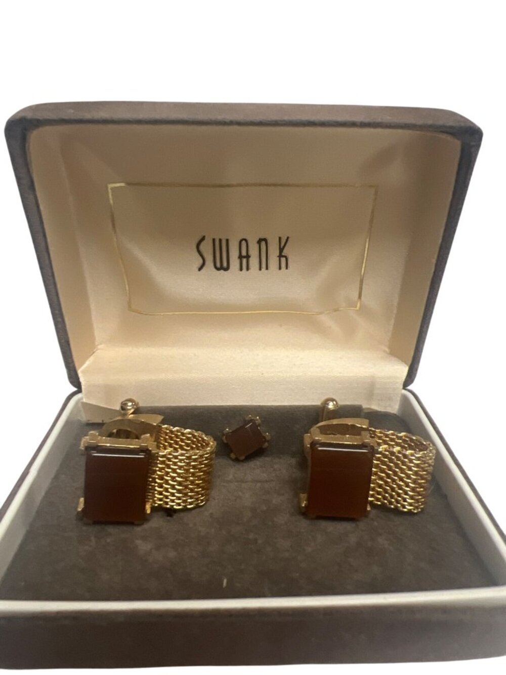 Swank Vintage 60's MCM Tigers Eye Gold Mesh Cufflinks & Tie Pin Original